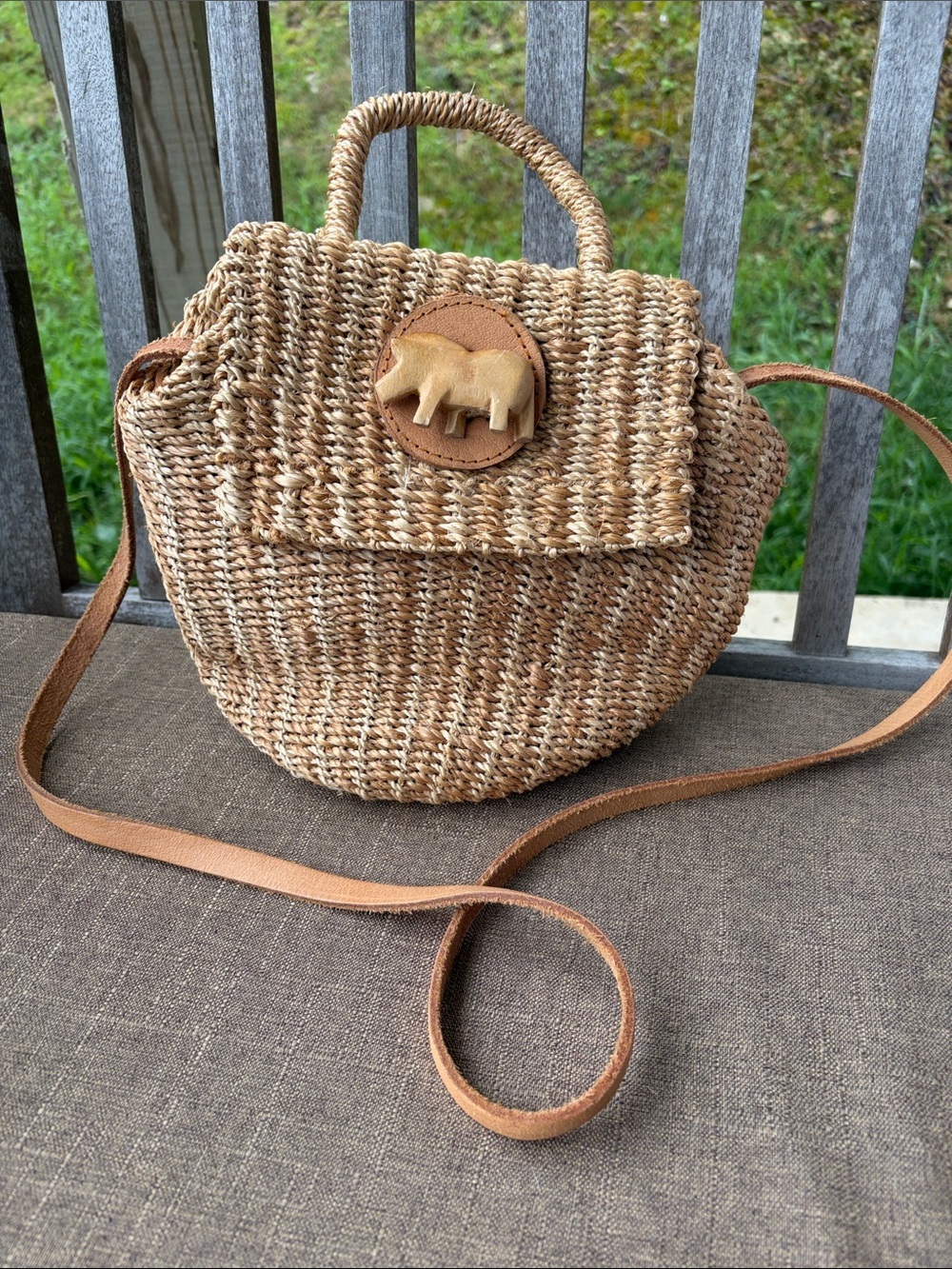 Tropical Folk Art Hand Crafted Woven Straw Crossbody Bag With Top Handle